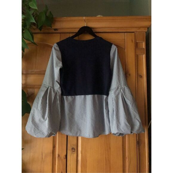 Halogen  Blouse Long Bell Sleeves  Navy Blue Striped Size S - Picture 7 of 13